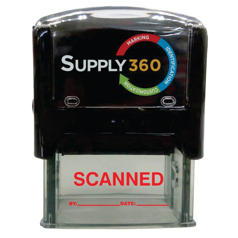 Supply360 AS-IMP1110R - Scanned Stamp with by: & Date:, Red Ink, Heavy Duty Commerical Self-Inking Rubber Stamp, 9/16" x 1-1/2" Impression